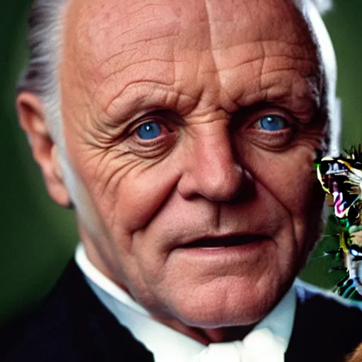 Image similar to anthony hopkins the godfather with the face of a cat, holding a cat with the face of anthony hopkins the godfather