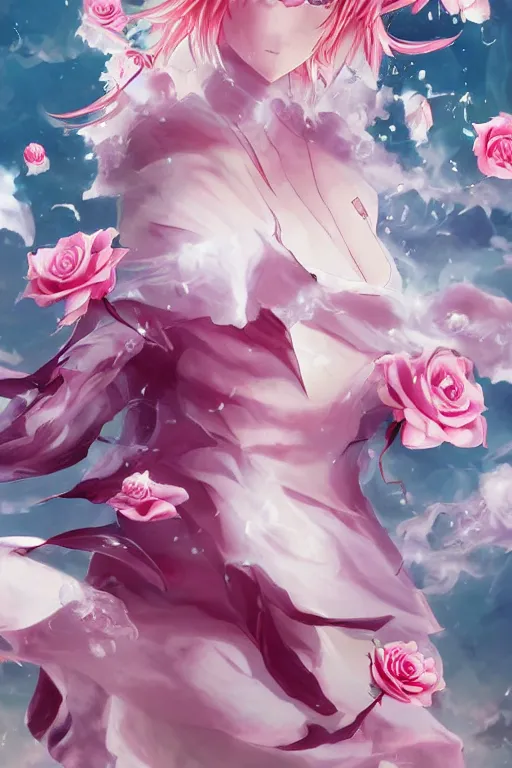 Prompt: anime still, magic invisible blades slicing through a bouquet of white and pink roses, flowers exploding and spraying, big puffy clouds, large rose petals, lotus petals, large polygonal background elements, large polygons, dramatic anime, dramatic lighting, artgerm, manga, trending on artstation, art nouveau, mature colors