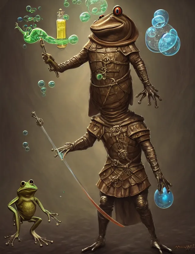 Prompt: anthropomorphic bipedal frog that is dressed as a medieval alchemist, and holding a giant weapon, as a matte oil painting and d & d character art, by alex grey, standing, fullbody, flasks, floating bubbles, mystic, fog, fractals, spirals, vibrant, concept art, award - winning, extremely detailed, sharp focus