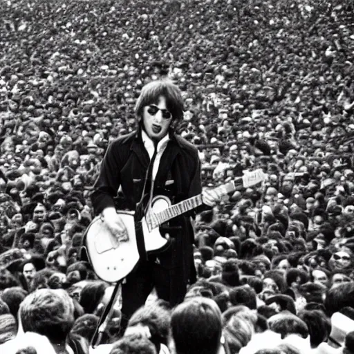 Prompt: john lennon playing a red gutair on stage while thousands of fans cheer, hd, epic, wide angle shot