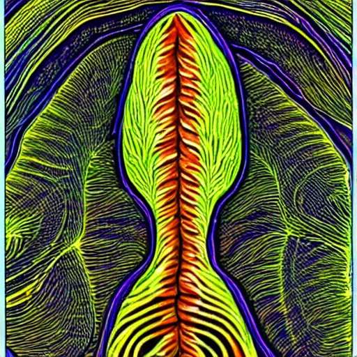 Prompt: nematodes, microscopy, microscope, Alex Grey, science, scientific, journal, vintage, colorful