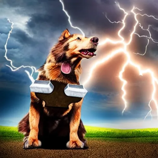 Image similar to a canine thor holding hammer with its paw, dramatic lightning background