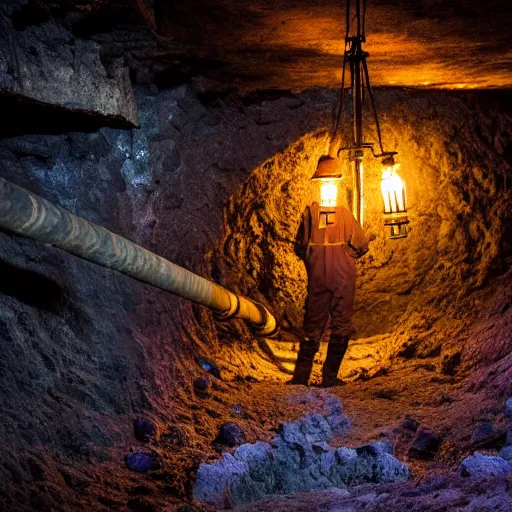 Image similar to a miner in the depths of a mineshaft mining a giant crystalline ore, the mineshaft is lit by hanging lanterns, the mine is dark, highly detailed, extremely high quality, hd, 4 k, 8 k, professional photographer, 4 0 mp, lifelike, top - rated, award winning, realistic, detailed lighting, detailed shadows, sharp, no blur, edited