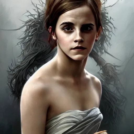 Image similar to Very funny Emma Watson looking like an old monkey, colorful painting on grey scale face, powerful , magic, thunders, dramatic lighting, intricate, wild, highly detailed, digital painting, artstation, concept art, smooth, sharp focus, illustration, art by artgerm and greg rutkowski and alphonse mucha, footage