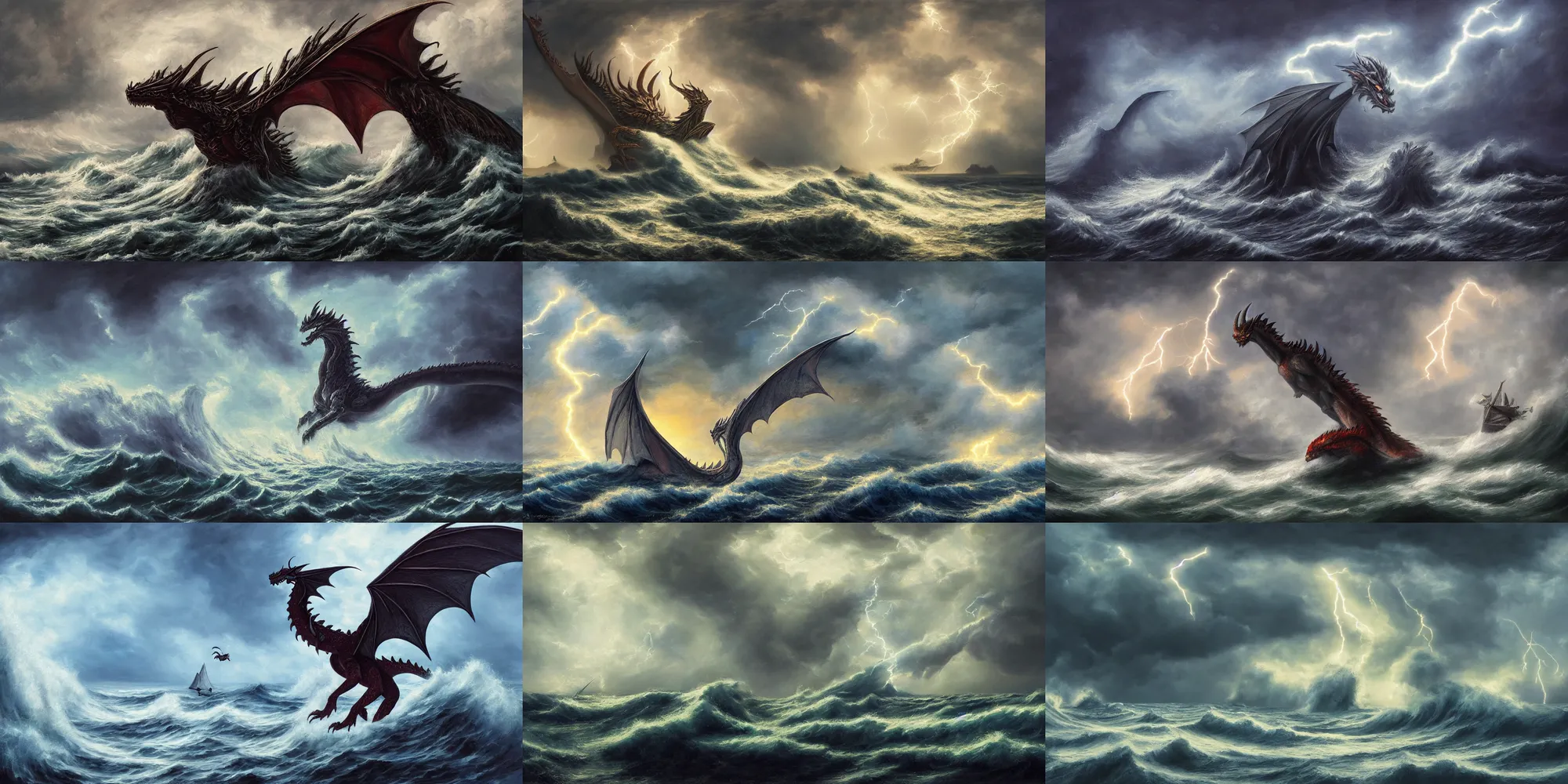 Prompt: a fantasy book style portrait of a giant dragon, stormy sea, giant waves, lightning, small boat, oil painting, 4 k