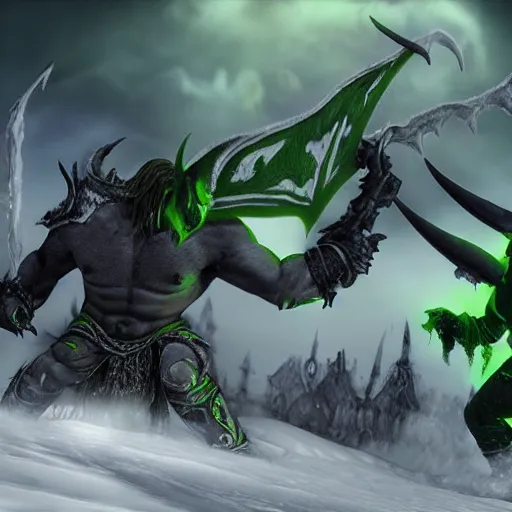 Image similar to Illidan fighting Arthas. Frozen landscape. Warcraft-style. Cinematic shot.