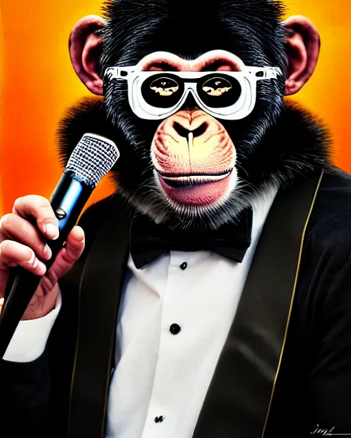 Image similar to a portrait of an anthropomorphic rockstar chimp in a tux singing into a microphone by sandra chevrier, by jon foster, detailed render, tape deck, epic composition, cybernetics, 4 k realistic, cryengine, realistic shaded lighting, sharp focus, masterpiece, by enki bilal