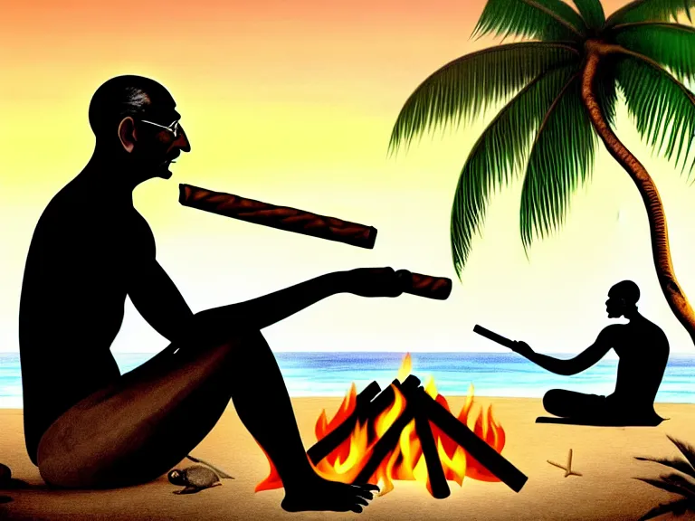 Prompt: side view of gandhi holding a cigar, sitting on a beach, next to a campfire, with palm trees and different types of beach animals parrot turtle lizard crab coconuts in the back, glorious lighting, epic environment, highly detailed, digital art, hyper realistic