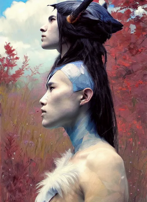 Image similar to portrait of Princess Mononoke, countryside near forest, calm, fantasy character portrait, dynamic pose, above view, sunny day, thunder clouds in the sky, artwork by Jeremy Lipkin and Giuseppe Dangelico Pino and Michael Garmash and Rob Rey, very coherent asymmetrical artwork, sharp edges, perfect face, simple form, 100mm