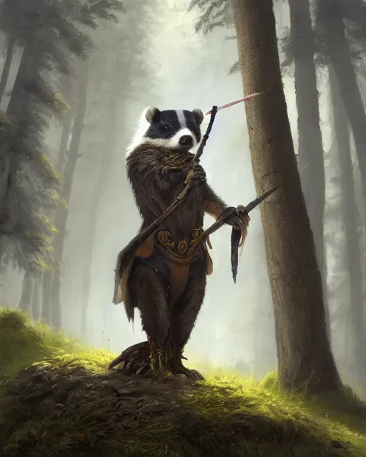 Prompt: oil painting of Anthropomorphized Badger, holding spear, wearing hunter coat, proud look, full body, sharp focus, fantasy style, octane render, volumetric lighting, 8k high definition, by greg rutkowski, highly detailed, trending on art Station, magic the gathering artwork, woodland backround