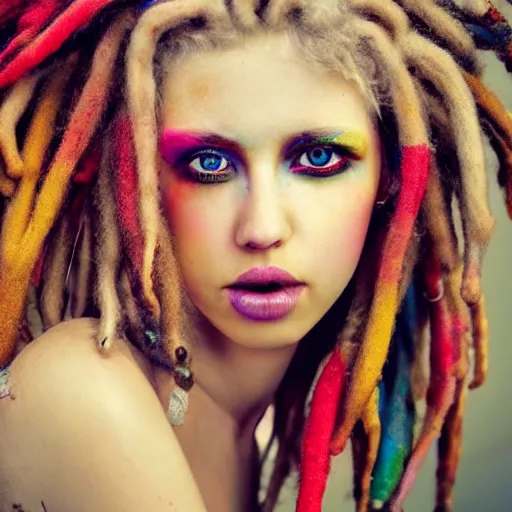 Image similar to astonishingly beautiful woman in tattered clothes revealing body, blonde detailed dreadlocks, make up, vivid colors, hyper detailed, photorealistic, canon eos, photo real