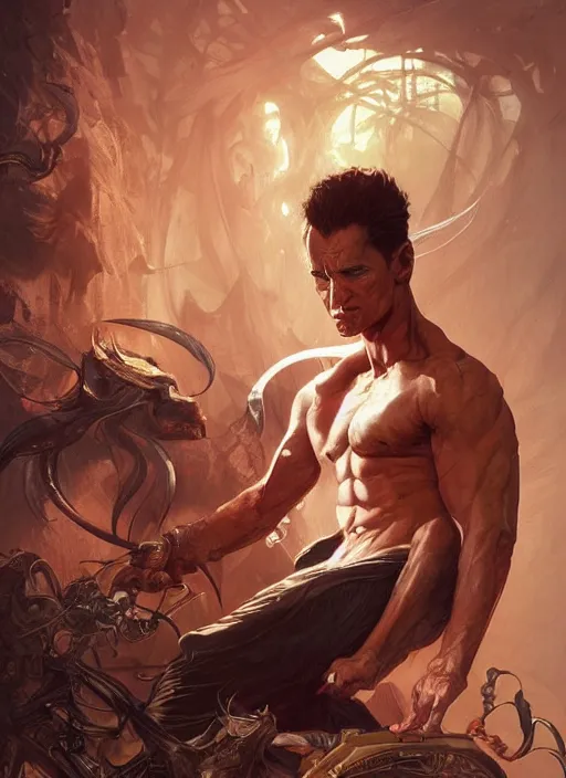 Image similar to a beautiful illustration of a johnny cage, intricate, sharp focus, illustration, highly detailed, digital painting, concept art, matte, art by wlop and artgerm and greg rutkowski and alphonse mucha, masterpiece