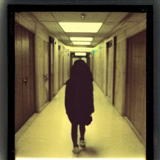 Image similar to polaroid of a terrifying thing in a school hallway at night
