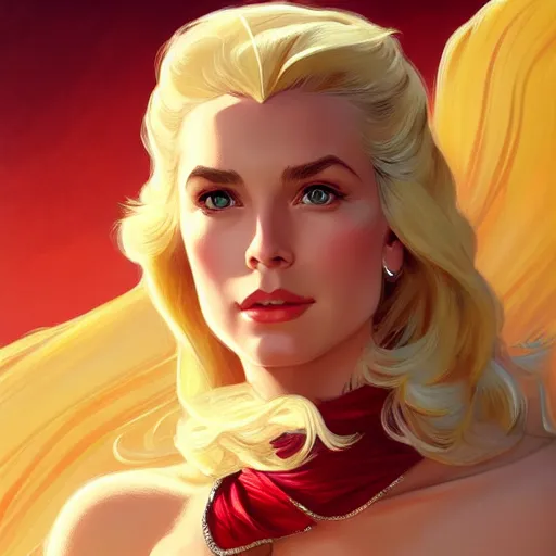 Image similar to Blonde Grace Kelly as She-Ra, western, D&D, fantasy, intricate, elegant, highly detailed, digital painting, artstation, concept art, matte, sharp focus, illustration, art by Artgerm and Greg Rutkowski and Alphonse Mucha