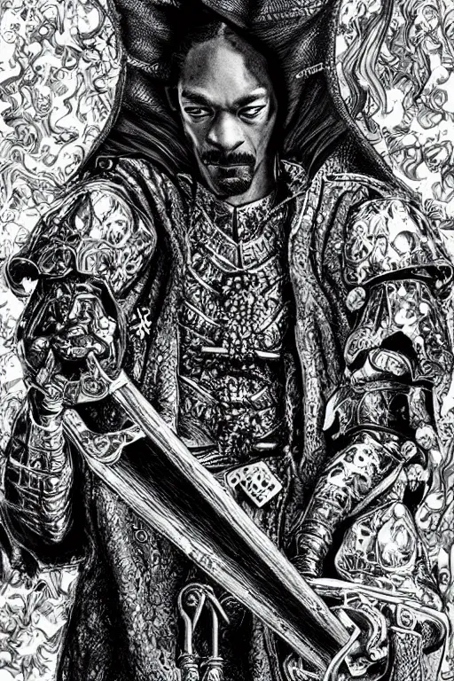 Image similar to Snoop Dogg as a knight, highly detailed, black and white, manga, art by Kentaro Miura