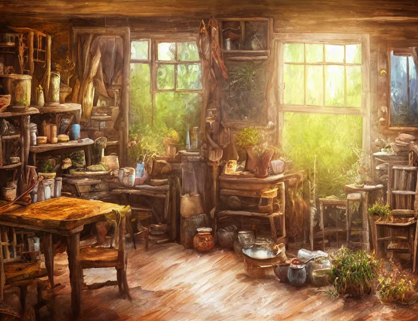 Prompt: expressive rustic oil painting, interior view of a cluttered herbalist cottage, waxy candles, cabinets, wood furnishings, herbs hanging, wood chair, light bloom, dust, ambient occlusion, morning, rays of light coming through windows, dim lighting, brush strokes oil painting