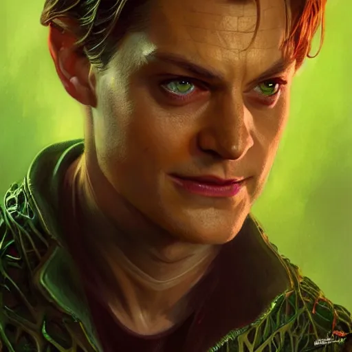 Image similar to handsome Tobey Maguire as the Green Goblin, western, D&D, fantasy, intricate, elegant, highly detailed, digital painting, artstation, concept art, matte, sharp focus, illustration, art by Artgerm and Greg Rutkowski and Alphonse Mucha