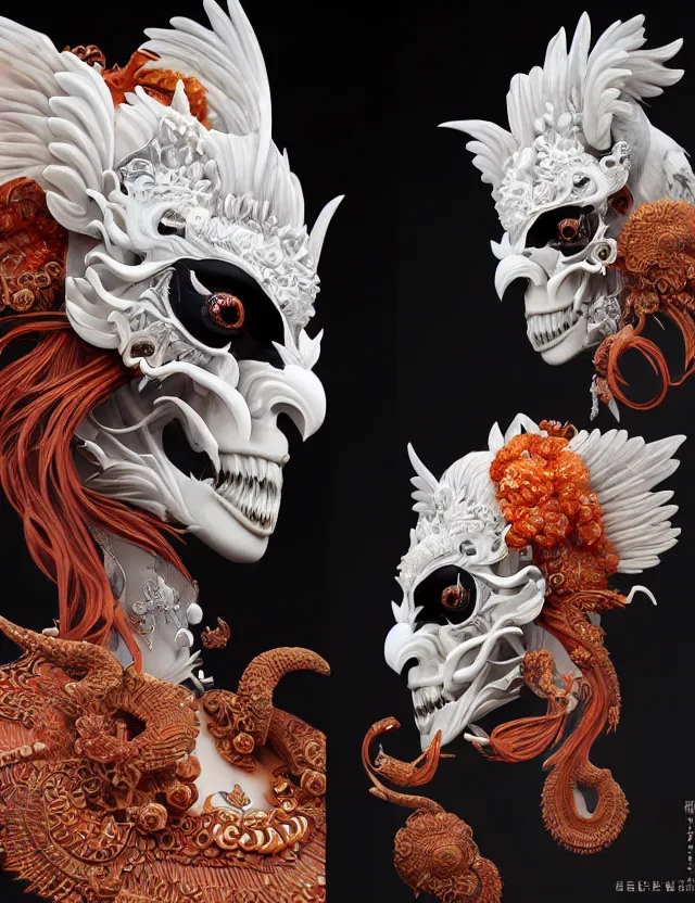 Image similar to 3 d goddess of hell close - up profile portrait with ram skull. beautiful intricately detailed japanese crow kitsune mask and clasical japanese kimono. betta fish, jellyfish phoenix, bio luminescent, plasma, ice, water, wind, creature, artwork by tooth wu and wlop and beeple and greg rutkowski