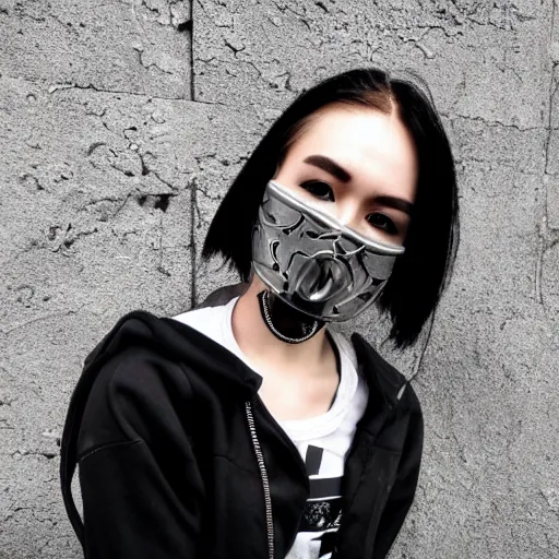 Prompt: very cool girl brilliant silver hair girl with a skull shaped ballistic face mask streetwear techwear cyberpunk style outfit full body nose piercing detailed portrait intricate comp