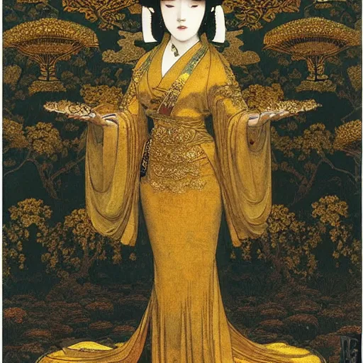 Prompt: a queen in a gold dress, ancient, japanese art, oil painting, otomo, amano, bouguereau, gustave moreau