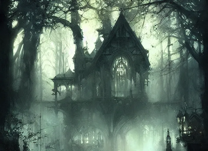 Image similar to gothic mansion, ornate, magical, artwork, paint, sunny, serene, trees, bastien lecouffe deharme, by jeremy mann