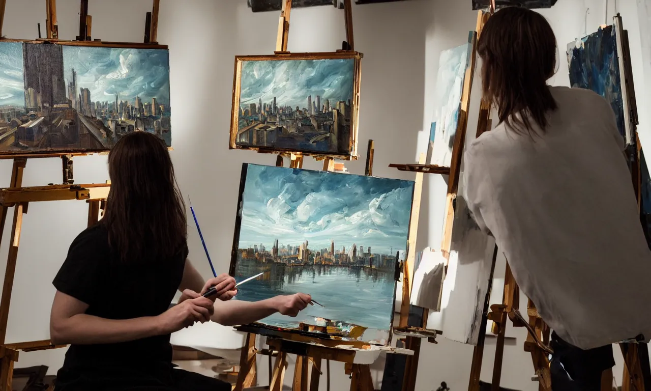 Image similar to the android carefully painting an oil painting in their natural - lit studio overlooking the city. photorealistic. intricate details. 3 5 mm photograph. dramatic lighting. action shot. absolute focus. masterpiece.