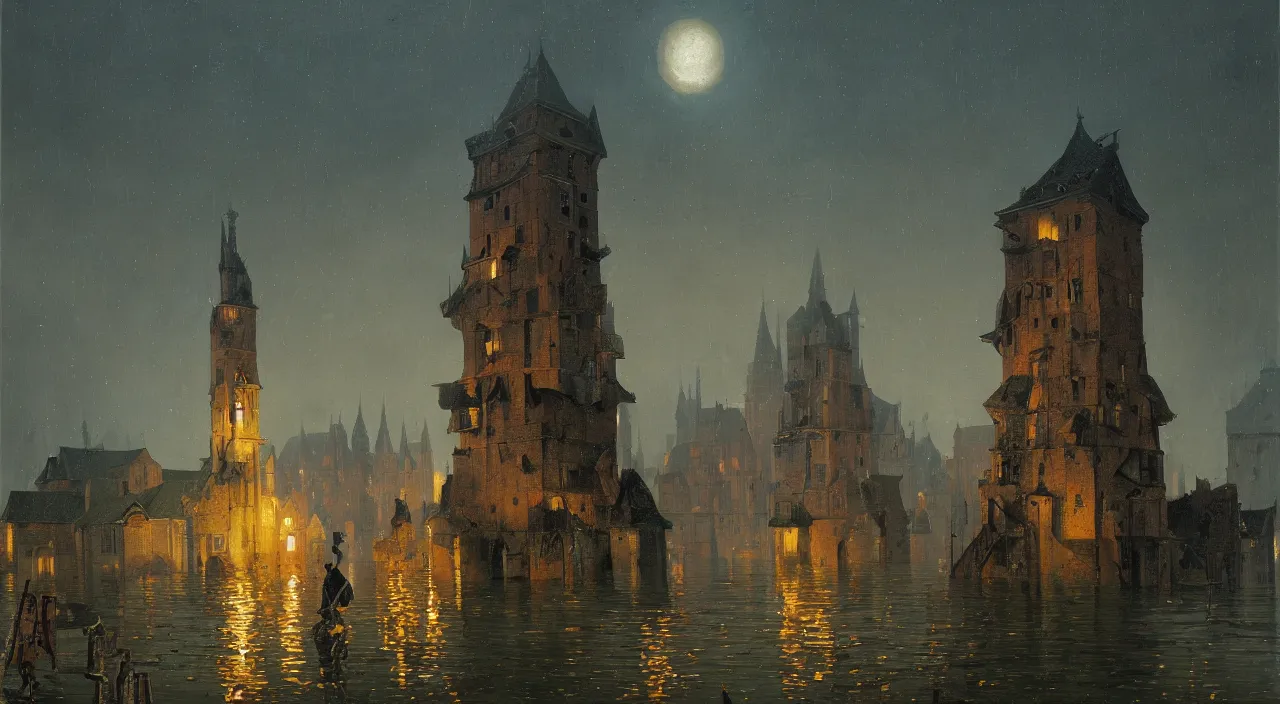 Prompt: an oil painting of a flooded ancient tower at night by simon stalenhag carl spitzweg jan van eyck audubon rene magritte max ernst, full-length view, highly detailed, vibrant colors, extremely high contrast!, symmetry, great composition, high detail, cinematic lighting, award winning masterpiece, trending on artstation