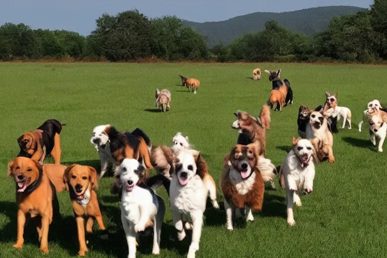 Image similar to a field full of dogs that are running in one direction