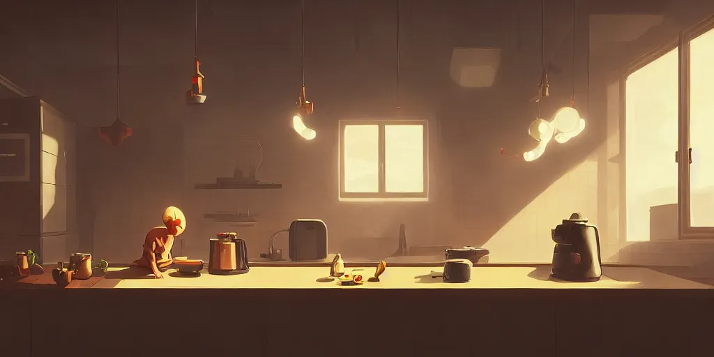 Image similar to minimalistic kitchen dim lit by a candle ripped physique simon stalenhag gerald brom bastien grivet by greg rutkowski, fisheye camera