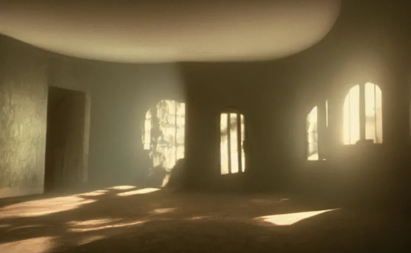 Image similar to cinematic screenshot of the surreal interior for house built on nothing and something for the nothing underneath, moody scene from being john malcovich directed by charlie kaufman ( 2 0 0 1 ), moody volumetric light morning, anamorphic lenses, kodak color film stock