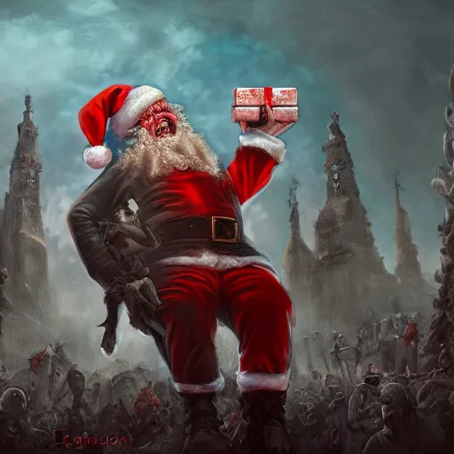 Image similar to Santa engages Armageddon mode, zombie, help, intricate detail, lovecraftian, intense, brutal, digital painting, fine stylization, UHD, 8K