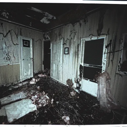 Image similar to 1 9 9 3, disposable camera, flash, old abandoned house, creature, standing, meat, ooze, slime, veins, wet