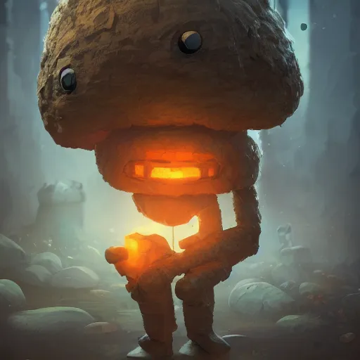 Image similar to small piece golem cute, illustration, digital art, inspired by little big planet, by greg rutkowski, sharp, masterpiece, highly detailed, photorealistic, octane render, 8 k, unreal engine 5, trending on artstation, vivid colors