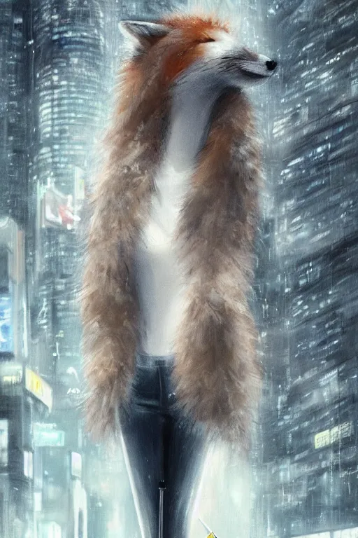 Image similar to award winning gorgeous portrait of a tall, beautiful white female anthro fox smoking a cigarette while towering head and shoulders above the bustling crowd of a rainy city street around her, cyberpunk clothes, harsh neon lights, highly detailed, sharp focus, digital painting, illustration, trending on artstation, art by sakimichan, wlop, greg rutkowski