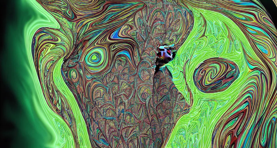 Image similar to a bifurcated fractal man. his personalities are brought into tangible reality in the style of an oil slick engulfing a zoo.