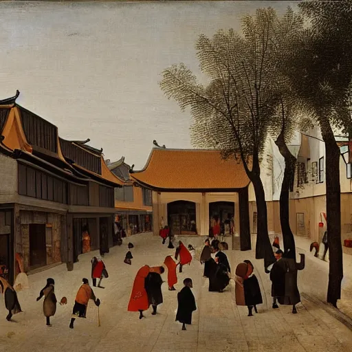 Prompt: A painting of everyday life in a quiet street in Beijing by Bruegel.