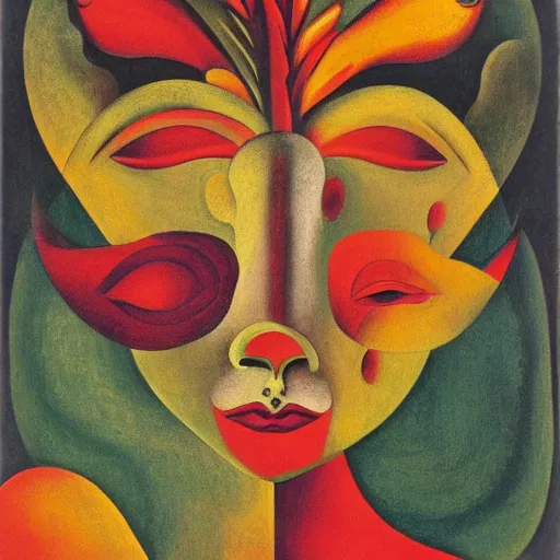 Image similar to floral face portrait by leonetto cappiello and wojciech siudmak and ernst fuchs, anni albers, oil on canvas