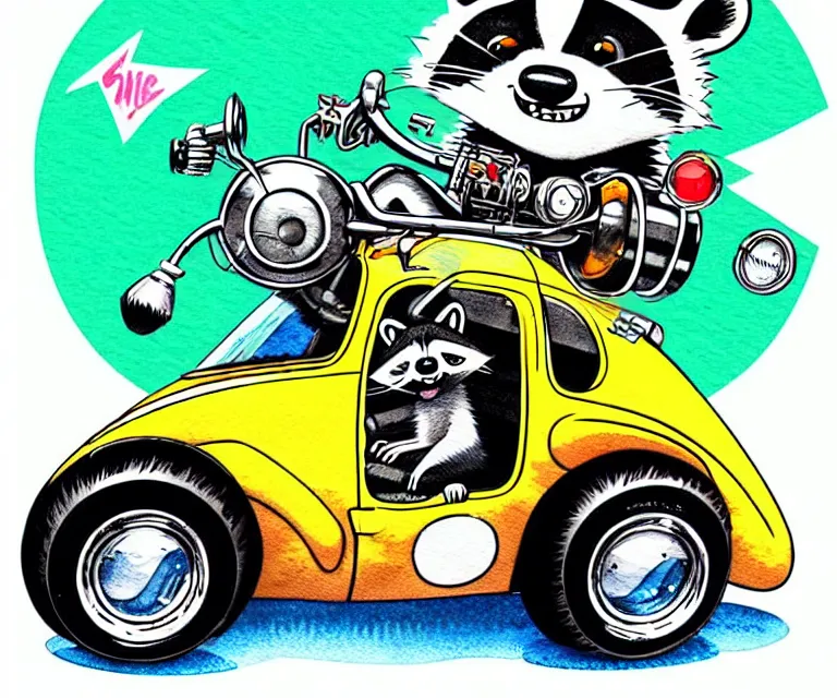 Image similar to cute and funny, racoon wearing a [ helmet with flame stickers ] riding in a tiny hot rod coupe with oversized engine, ratfink style by ed roth, centered award winning watercolor pen illustration, isometric illustration by chihiro iwasaki, edited by range murata