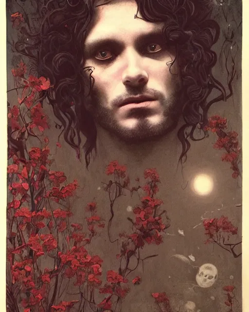 Image similar to a handsome but sinister and creepy man in layers of fear, with haunted eyes, violence in his eyes, curly hair, 1 9 7 0 s, seventies, delicate embellishments, a little blood, woodland, moonlight shining on wildflowers, painterly, crimson, offset printing technique, by alexandre cabanel