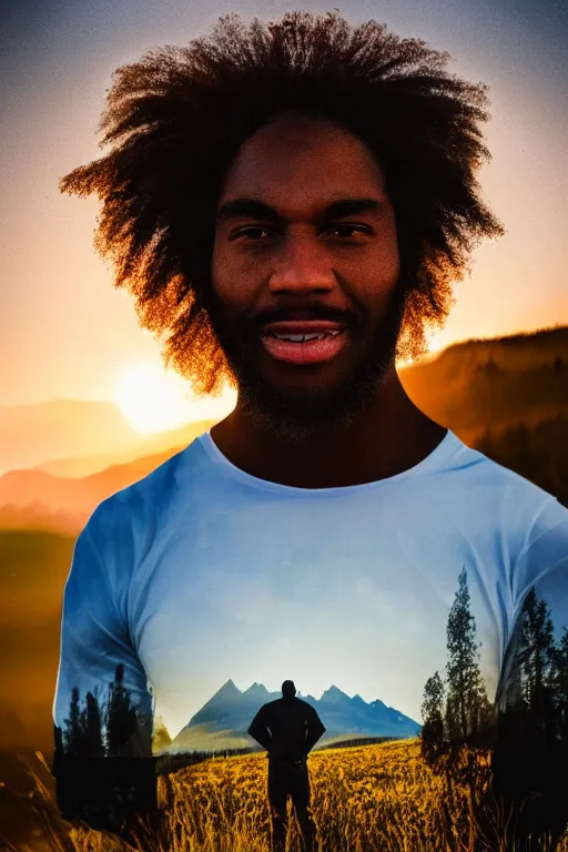 Prompt: double exposure black man with long curly hair mountain meadow sunrise