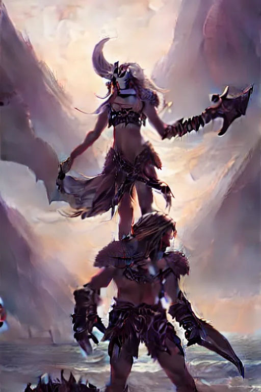Prompt: a small triton girl wearing scale armor riding on a the shoulders of a large male goliath wearing fur and leather armor, dnd concept art, painting by ross tran and WLOP