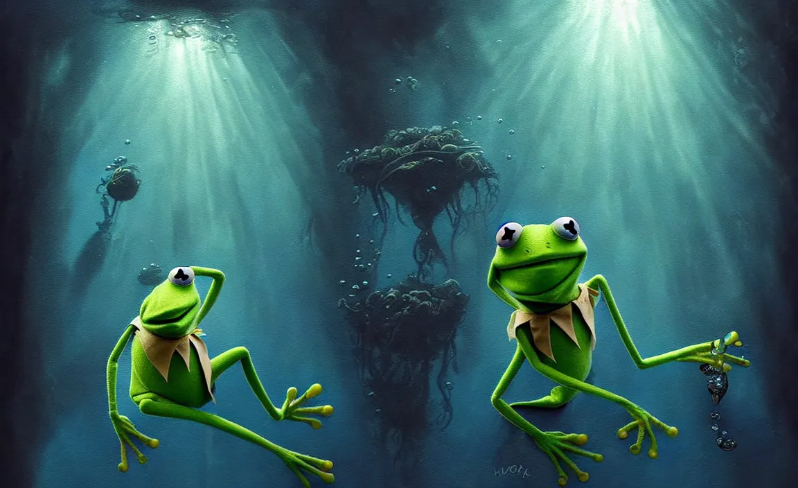 Image similar to epic professional digital art of kermit the frog underwater, faint blue moody atmospheric lighting, underwater octopod life, painted, intricate, detailed, foreboding, by leesha hannigan, wayne haag, reyna rochin, ignacio fernandez rios, mark ryden, iris van herpen,, epic, stunning, gorgeous, much wow, cinematic, masterpiece.