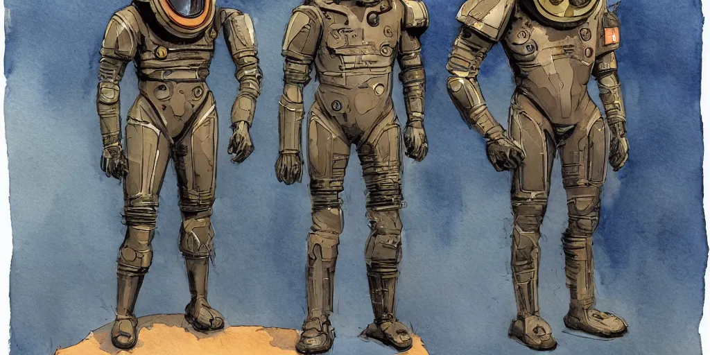 Image similar to male, full body, modern space suit, intriguing helmet, very stylized character design, large shoulders, short torso, long thin legs, tiny feet, science fiction, hyperdetailed, technical suit, dieselpunk, watercolor digital painting, in the style of mike mignola, by alex maleev, jean giraud