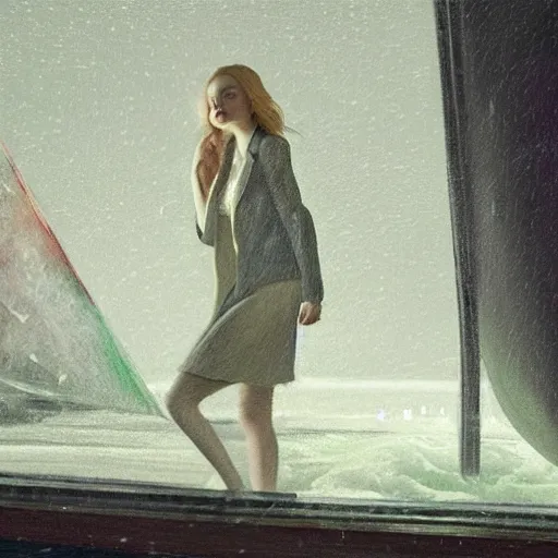 Image similar to Elle Fanning lost in the Bermuda Triangle night in the world of Edward Hopper, stormy snowy weather, extremely detailed masterpiece, oil on canvas, low-key neon lighting, artstation, Blade Runner 2049, Roger Deakin’s cinematography, by J. C. Leyendecker and Peter Paul Rubens,