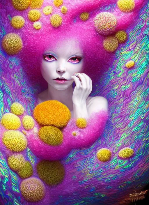 Image similar to hyper detailed 3d render like a Oil painting - kawaii portrait Aurora (white haired Singer Ferret) seen Eating of the Strangling network of yellowcake aerochrome and milky Fruit and Her delicate Hands hold of gossamer polyp blossoms bring iridescent fungal flowers whose spores black the foolish stars by Jacek Yerka, Mariusz Lewandowski, Houdini algorithmic generative render, Abstract brush strokes, Masterpiece, Edward Hopper and James Gilleard, Zdzislaw Beksinski, Mark Ryden, Wolfgang Lettl, hints of Yayoi Kasuma, octane render, 8k