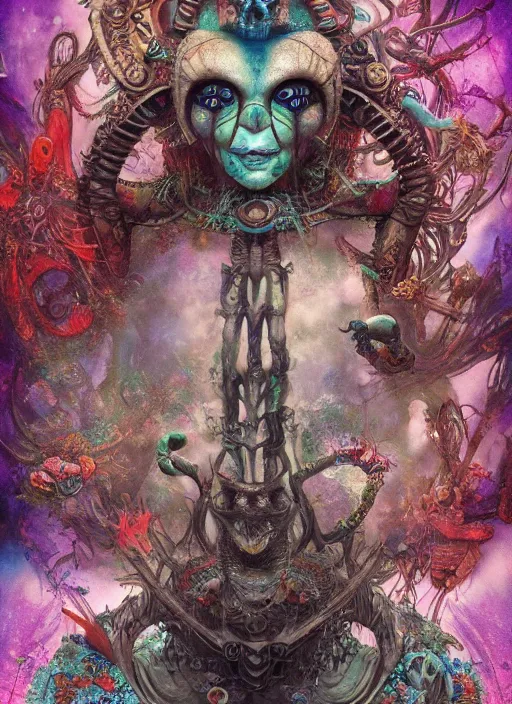 Image similar to alice in wonderland, aztec god, alien, highly detailed, cinematic, 8 k, by megan duncanson, benjamin lacombe, adrian borda, stanley artgermm, tom bagshaw, craig mullins, carne griffiths, ayami kojima, beksinski, giger, trending on deviantart, hyper detailed, horror, full of colour