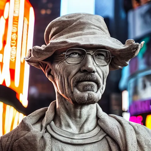 Image similar to a photograph of a very detailed renaissance sculpture of walter white in a hat standing in times square, made by michelangelo, from the distance, hyper detailed, sharp focus, 8 k resolution, ray tracing