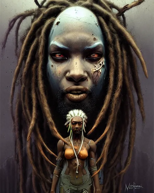 Image similar to sojourn from overwatch, dreadlocks, white hair, african canadian, character portrait, portrait, close up, concept art, intricate details, highly detailed, horror poster, horror, vintage horror art, realistic, terrifying, in the style of michael whelan, beksinski, and gustave dore