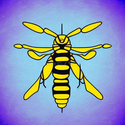 Image similar to human man that resembles a wasp morh in surreal sketch style, blue and yellow gradient, noise, ultrafine detail, hd 8k, logo illustration