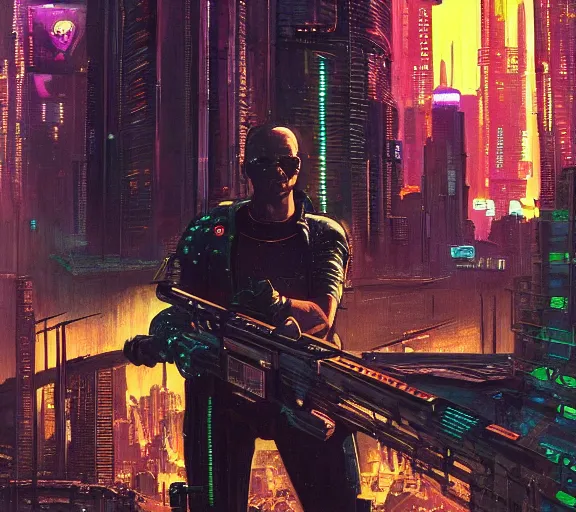 Image similar to a portrait of a cyberpunk epic Friday night firefight, Night City, cyberpunk 2077, very very coherent painting, 1979 OMNI Magazine Cover, street level neo-Tokyo in Cyberpunk 2045 style by Vincent Di Fate by mark arian by artgerm in the style of Dore, 4k, 8k, HD, trending on artstation